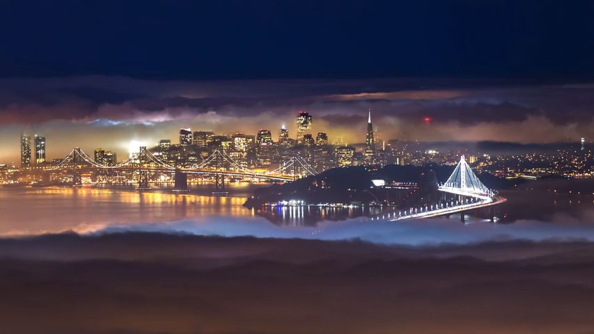 空, 屋外, 水, 高層ビル, 夜, 湖, 風景