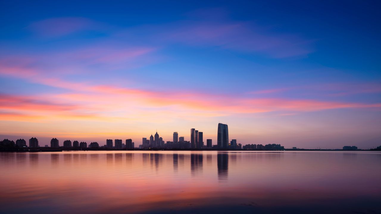 色彩豊かな都市シルエット，蘇州，中国